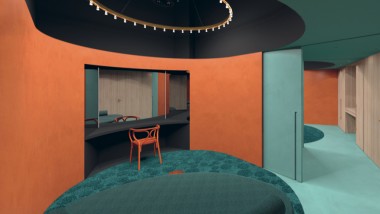 Les designers ont habilement combiné lʼorange vif avec un vert pétrole velouté dans la loge des stars. (© Laura Fantacuzzi, Maxime Galati Forcaude)