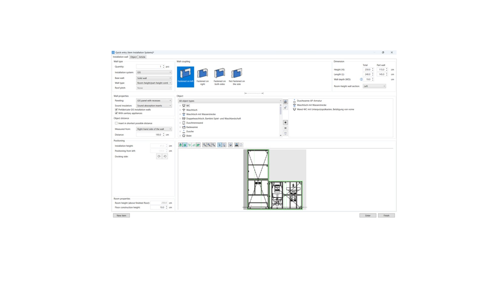 Interface utilisateur du module de planification pour systèmes d’installation dans Geberit ProPlanner