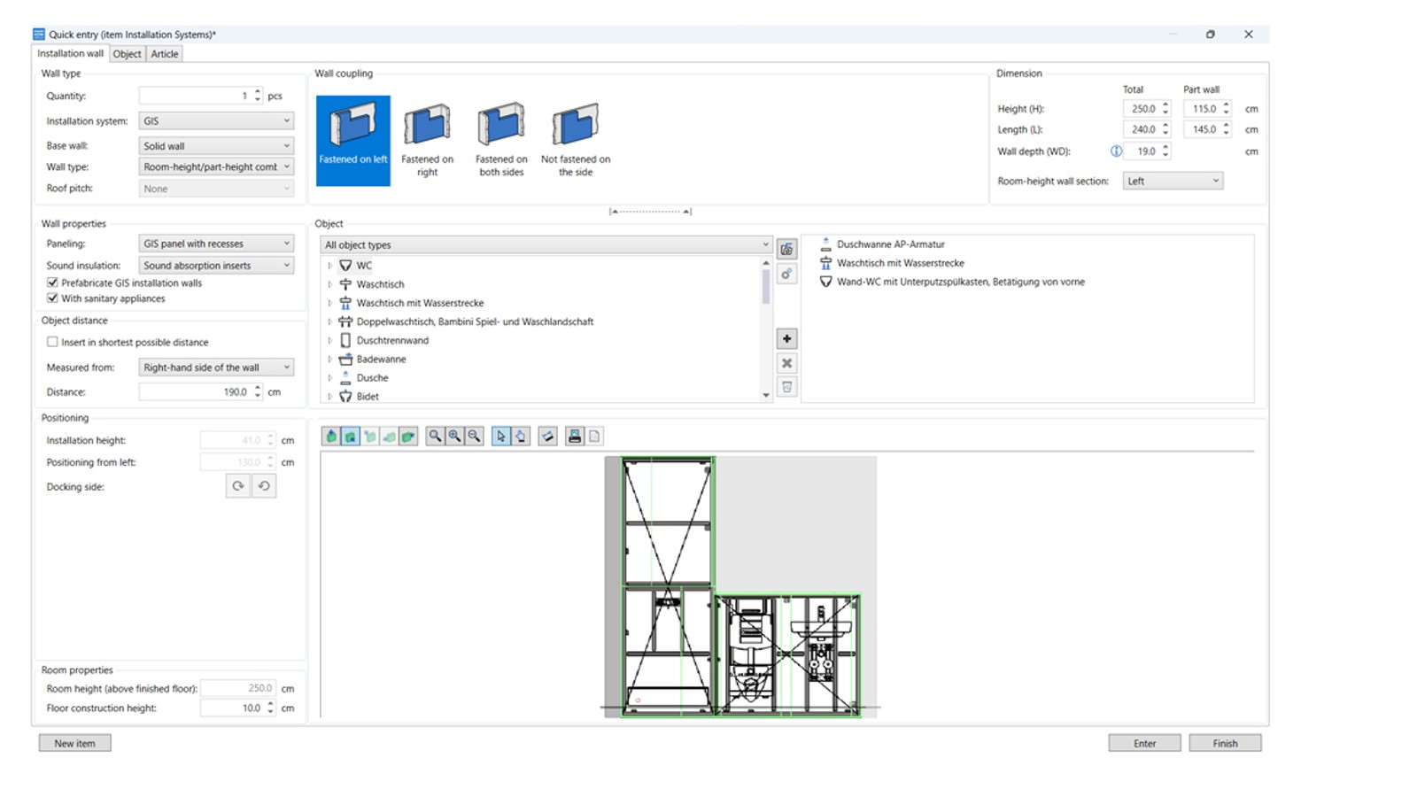 Interface utilisateur du module de planification pour systèmes d’installation dans Geberit ProPlanner