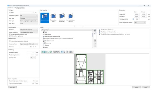 Interfaccia utente del modulo di progettazione per sistemi d'installazione in Geberit ProPlanner Interfaccia utente del modulo di progettazione per sistemi d'installazione in Geberit ProPlanner