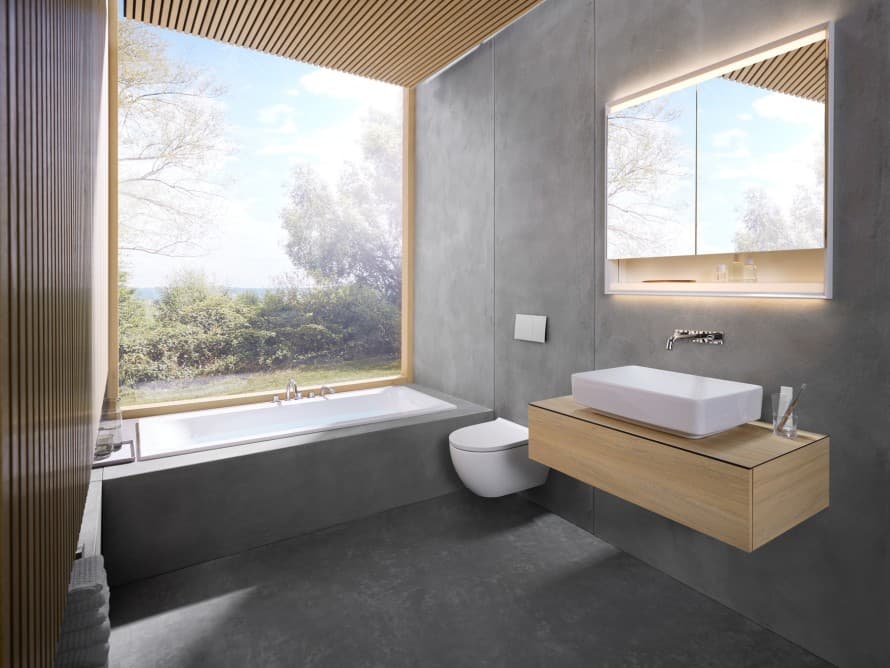 Salle de bains aménagée avec le WC Geberit Acanto et le lavabo à poser Variform Salle de bains aménagée avec le WC Geberit Acanto et le lavabo à poser Variform