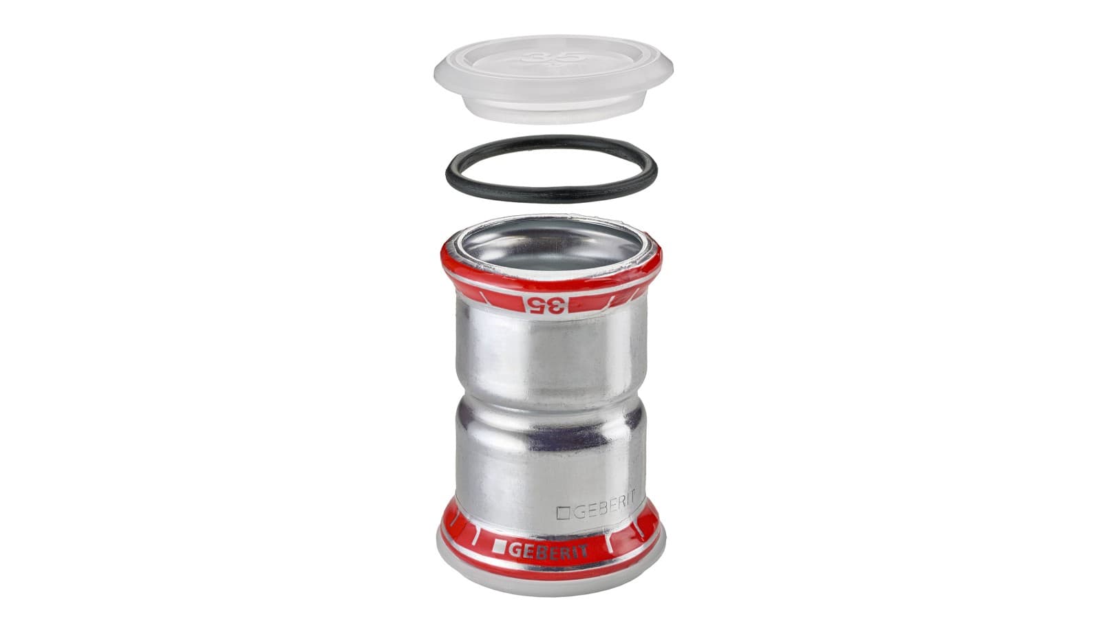 Raccord Geberit Mapress acier carbone avec indicateur de sertissage rouge et joint torique noir Raccord Geberit Mapress acier carbone avec indicateur de sertissage rouge et joint torique noir