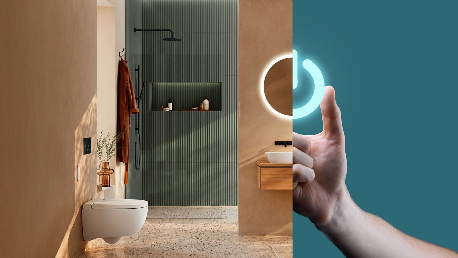Bagno moderno con specchio rotondo Geberit Option, che sfuma in un simbolo luminoso a forma di start, a rappresentare il pacchetto iniziale per il bagno da sogno
