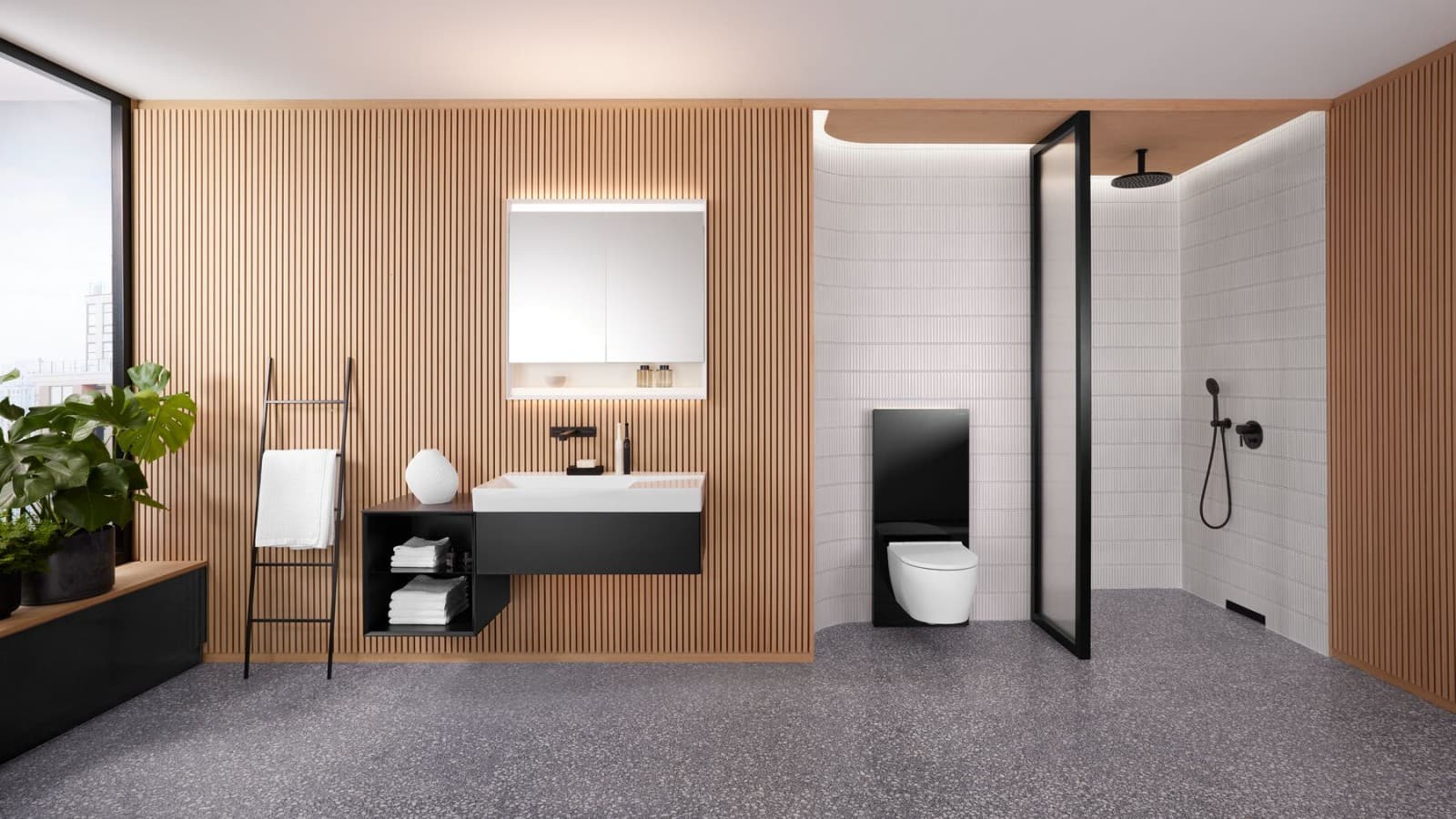 Badezimmer mit Tageslicht und Licht am Spiegelschrank Badezimmer mit Tageslicht und Licht am Spiegelschrank