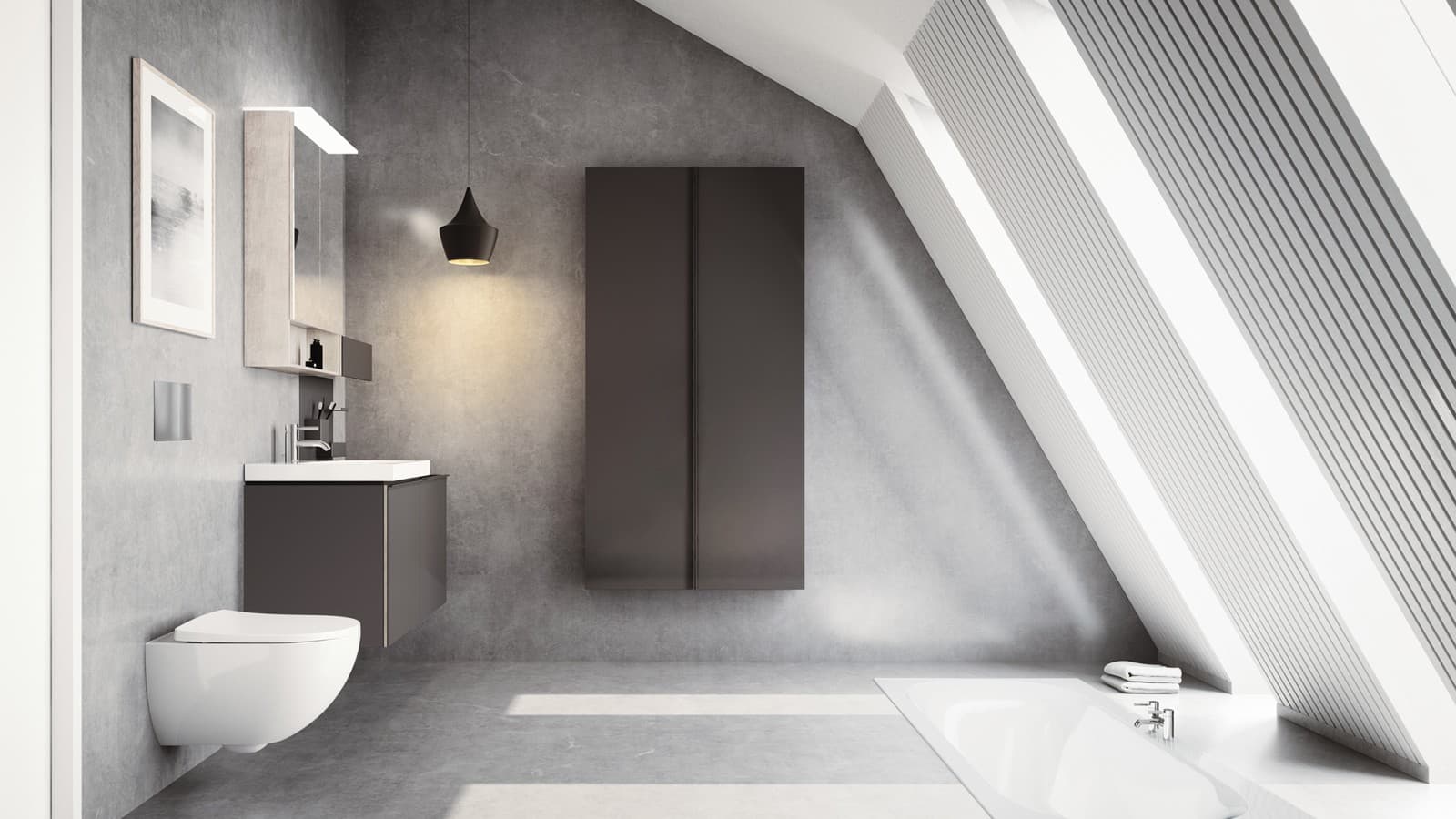 Bagno moderno con soffitto inclinato e mobili da bagno Geberit Acanto Bagno moderno con soffitto inclinato e mobili da bagno Geberit Acanto