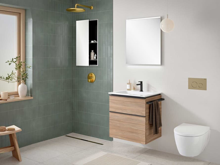 Salle de bains de style scandinave, équipée avec Geberit iCon et miroir de la gamme Option Salle de bains de style scandinave, équipée avec Geberit iCon et miroir de la gamme Option