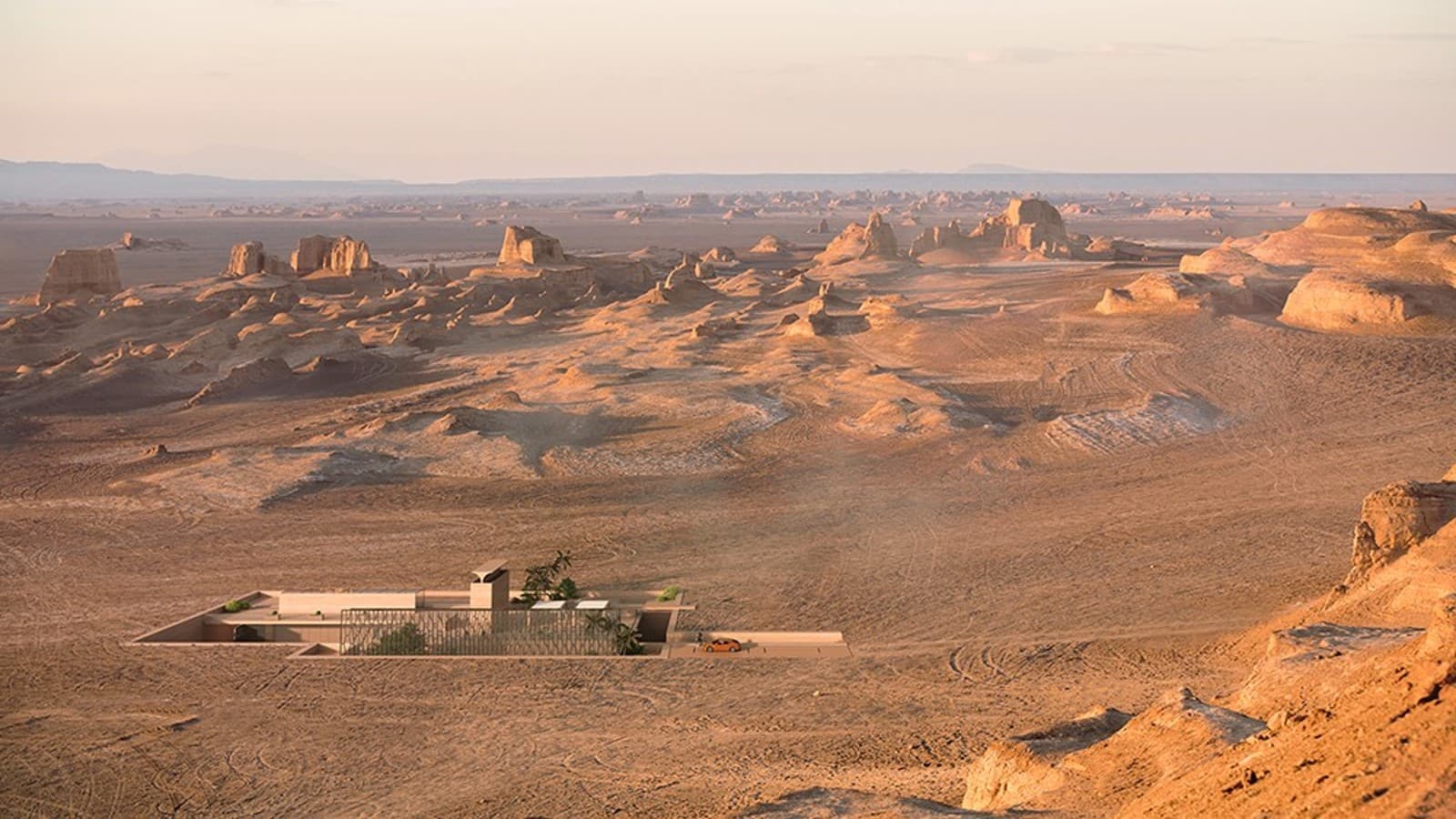 Das H.O.M.E. Haus 2022 in der Wüste. Der traditionelle Badgir-Windturm ragt skulptural aus dem Erdreich (©Bloomrealities/HTA für H.O.M.E. Haus 2022) Das H.O.M.E. Haus 2022 in der Wüste. Der traditionelle Badgir-Windturm ragt skulptural aus dem Erdreich (©Bloomrealities/HTA für H.O.M.E. Haus 2022)