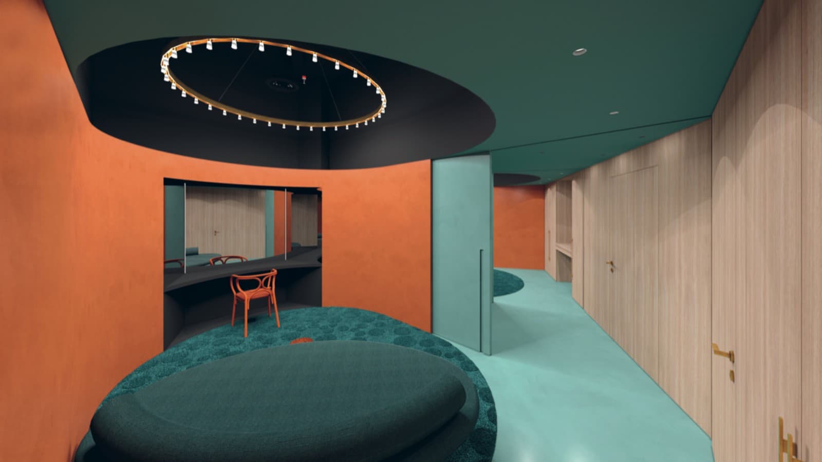 Les designers ont habilement combiné lʼorange vif avec un vert pétrole velouté dans la loge des stars. (© Laura Fantacuzzi, Maxime Galati Forcaude) Les designers ont habilement combiné lʼorange vif avec un vert pétrole velouté dans la loge des stars. (© Laura Fantacuzzi, Maxime Galati Forcaude)