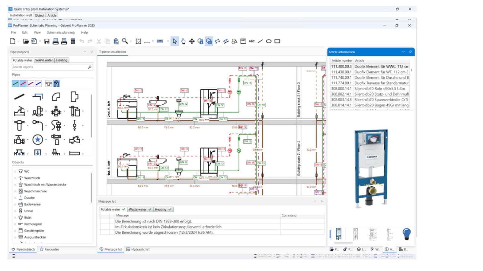 Vista del modulo di progettazione schematica in Geberit ProPlanner Vista del modulo di progettazione schematica in Geberit ProPlanner